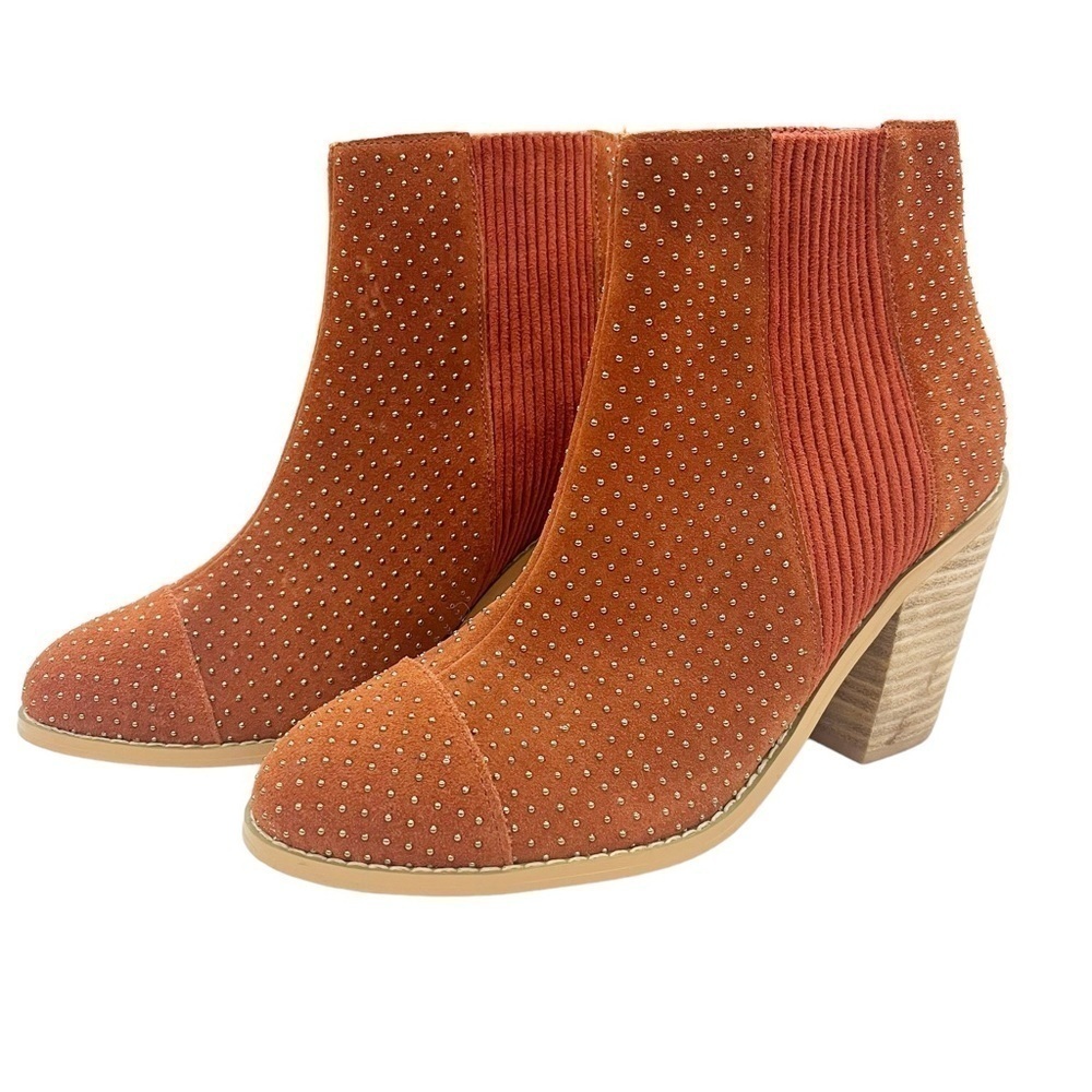 Anthropologie Faux Suede Gold Studded Stack Heel Pull On Boots Rust Orange 6.5 - Picture 2 of 11